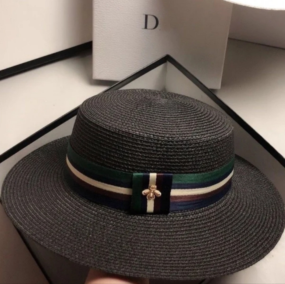 Muli-Color Striped Bee Flat‎ Top Straw Hat with Ribbon Accent NEW